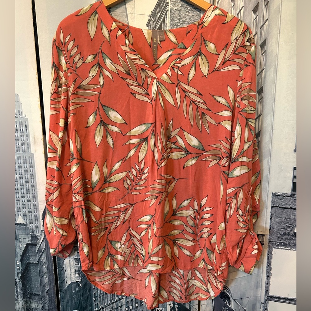 Brina & EM -Women's Coral Leaf Print Blouse - Lightweight V-Neck Top